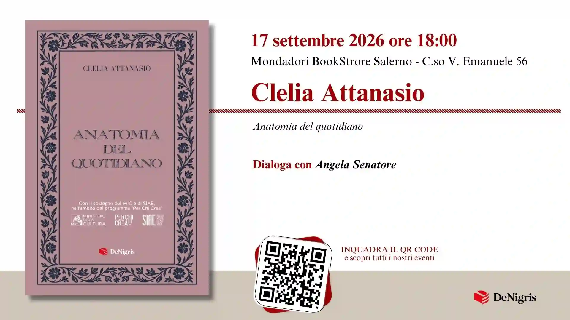 Clelia Attanasio presenta Anatomia del quotidiano alla Mondadori BookStore di Salerno il 17 settembre 2026.